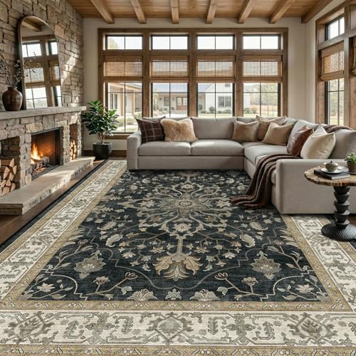 RELEANY Washable Vacuum-Friendly Area Rugs 9'x12' Black/Vintage | Low Pile Stain-Resistant, Soft Non-Slip, Floral Vintage Distress Print Pattern Medallion, for Living Room Bedroom Hallway - color: Black/Vintage, size: 9' x 12' (Rectangular)