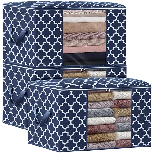Storage Bags 100L 3Pack Clothes Organization and Storage Containers | Large Blanketfor Bedding, Comforters, Foldable Organizer with Reinforced Handle, Clear Window, Sturdy Zippers, Blue - color: Blue, size: 3 x 100L