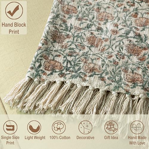 100% Pure Cotton Handblock Printed Throw Blanket, Soft 50" x 60" Fringed Floral Print Throw for Couch, Sofa, Chair, Bed - Cozy, Machine Washable, Comfortable Home Decor - color: White Mahogany