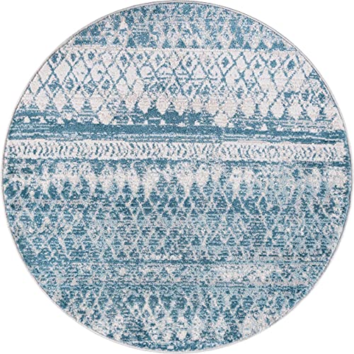 Rugs.com Leipzig Collection Round Rug – 3 Ft Round Blue Low-Pile Rug Perfect for Kitchens, Dining Rooms - color: Blue, size: 3 feet 3 inches Round