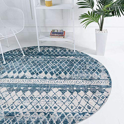 Rugs.com Leipzig Collection Round Rug – 3 Ft Round Blue Low-Pile Rug Perfect for Kitchens, Dining Rooms - color: Blue, size: 3 feet 3 inches Round
