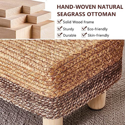 Wimarsbon Natural Seagrass Footstool Ottoman Rectangular Footrest Pouf Ottomans with Wooden Legs Hand Weave Step Stool for Living Room Bedroom Entryway Purple - color: Purple, size: 12"D x 16.5"W x 9.5"H
