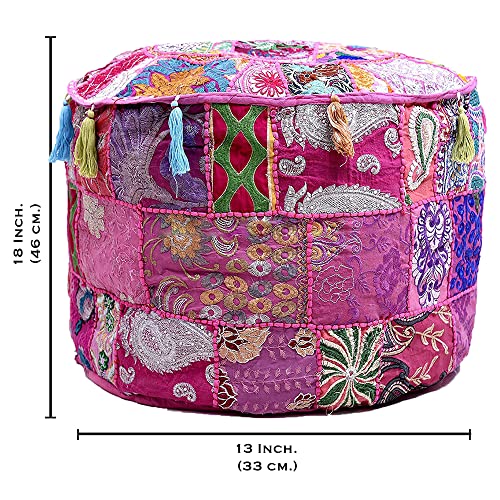 Indian Pouf Footstool Ethnic Embroidered Pouf, Indian Cotton Round Pouffe Ottoman - Cover Only (Pink, 18x13) - color: Pink, size: 13"D x 13"W x 18"H
