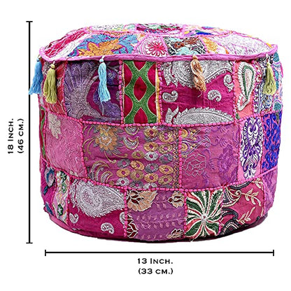 Indian Pouf Footstool Ethnic Embroidered Pouf, Indian Cotton Round Pouffe Ottoman - Cover Only (Pink, 18x13) - color: Pink, size: 13"D x 13"W x 18"H