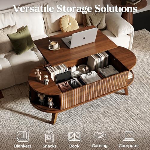 Oval Lift Top Coffee Table with Storage, 47.2" Mid Century Modern Fluted Coffee Table with Sliding Tambour Doors & Hidden Compartment, for Living Room Home Office, Walnut - color: Walnut Oval