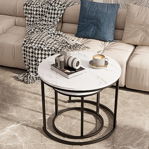 aboxoo Round Nesting Coffee Table Side Table Set of 2 End Tables for Living Room Bedroom Balcony, White Faux Marble Wooden Table Accent Coffee Table with Black Steel Frame - color: White Marble