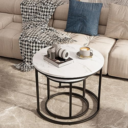 aboxoo Round Nesting Coffee Table Side Table Set of 2 End Tables for Living Room Bedroom Balcony, White Faux Marble Wooden Table Accent Coffee Table with Black Steel Frame - color: White Marble