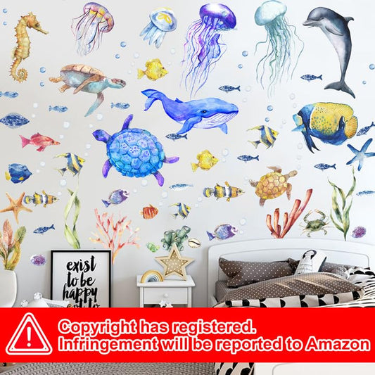 4 Sheets Ocean Fish Wall Decals Stickers Sea Wall Decal Stickers Removable Sea Life Marine Animal Sticker Underwater Ocean Creatures Decor for Kids Girls Boy Nursery Bedroom Bathroom | Vivid Sea Life and Marine Animal Sticker,Removable,Underwater Ocean Cr