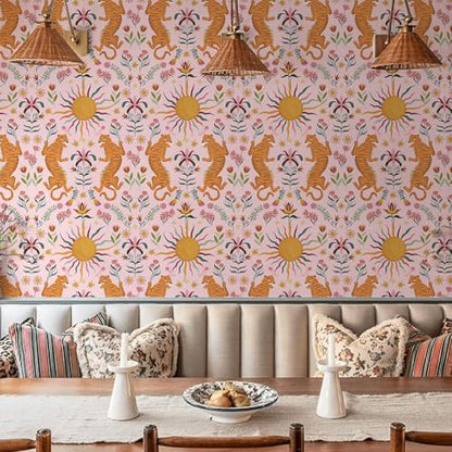 Pink Tiger Peel and Stick Wallpaper - Tropical Tiger Boho Removable Self Adhesive Jungle Animal Wall Paper for Bedroom, Living Room, Nursery Waterproof DIY Wall Decor (17.3" x 480") | Waterproof Removable Self Adhesive Wallpaper, Boho Jungle Animal Contac