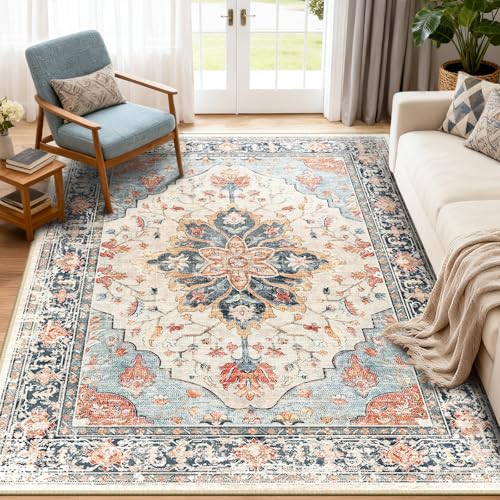 RELEANY Washable Vacuum-Friendly Area Rugs 5'x7' Beige/Blue/Orange | Low Pile Stain-Resistant, Soft Non-Slip, Floral Vintage Distress Print Pattern Medallion, for Living Room Bedroom Hallway - color: Beige/Blue/Orange, size: 5' x 7' (Rectangular)