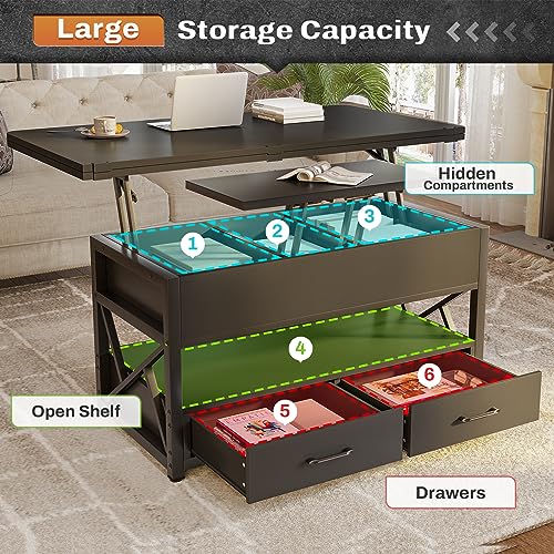Itaar 40" Lift Top Coffee Table, 4 in 1 Coffee Tables with Storage for Living Room, Small Farmhouse Coffee Table with 2 Drawers & LED Light for Dining Reception Room, Black - color: Black