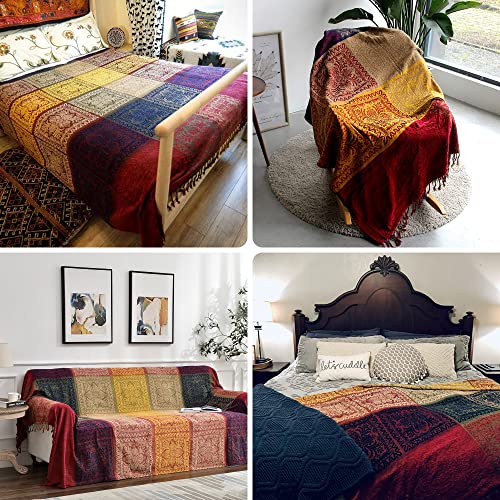 Boho Throw Blanket, Chenille Jacquard Tassels Throw Blankets for Bed Couch Soft Chair， Bohemian Fringe Tassels (Red, Large 86 * 102Inches) - color: Red, size: Large (86 x 102 in)