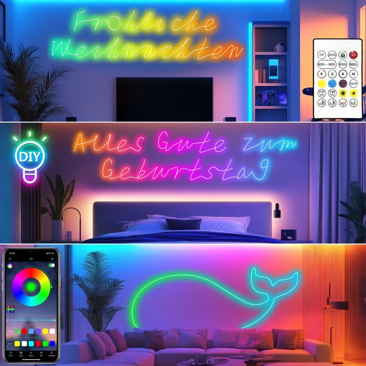 Cozylady 6M RGB Neon Light LED Rope Light,20ft Waterproof Bluetooth APP Remote Control Music Sync Strip Light,24V Flexible DIY Silicone Light for Bedroom Home Indoor Outdoor Decoration (6M/20Ft) - size: 20 ft