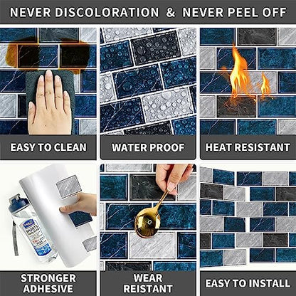 URCOLOR 10-Sheet Backsplash Tile for Kitchen Peel and Stick,12"x12" Self Adhesive Wall Tiles Stick on Back Splashes for Bathroom Blue Marble Look - color: Blue