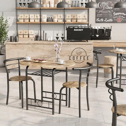 Shahoo 3-Piece Dining Table Set for 2, Kitchen Breakfast Nook Set, Walnut | 2 Chairs & Round Tabletop, Space Saving Wooden Furniture Metal Frame and Built-in Wine Rack - color: Walnut