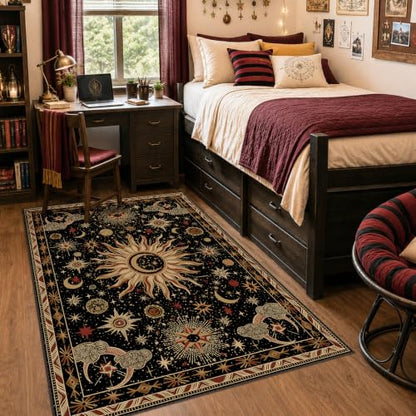 Vacuum-Friendly, 4x6 Washable Area Rug, Black Gold Beige Red | Sun and Moon Boho Gothic Non-Slip Low Pile Living Roon Bedroom Dining Room Kitchen Entry Entryway Entrance Hallway Doormat - color: Black/Gold/Beige/Red, size: 4' x 6' (Rectangular)