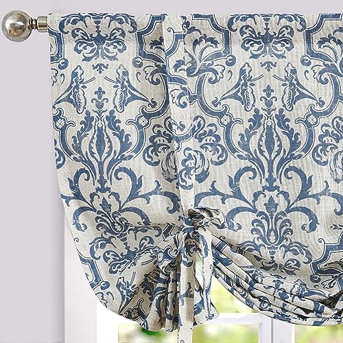 jinchan Modern Linen Kitchen Window Valance, Tie up, 42x54, 1 Panel, Blue | Light filtering, linen blend, rod pocket, farmhouse style, rustic decor, kitchen, bathroom, laundry room, RV, small windows - color: Baroque | Slate Blue on Flax, size: 42"W x 54"