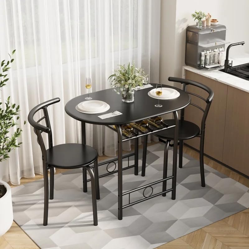 Shahoo 3-Piece Dining Table Set for 2, Kitchen Breakfast Nook Set, Black | 2 Chairs & Round Tabletop, Space Saving Wooden Furniture Metal Frame and Built-in Wine Rack - color: Black