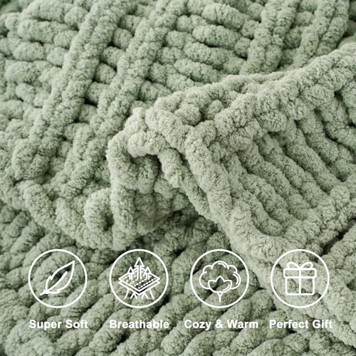 Battilo Chunky Knit Throw Blanket for Couch, 50"x60", Sage Green | Sage Blanket Hand Knit Cozy Warm Thick Soft Chenille Throw Blanket for Bed, Sofa, Chair, Living Room - color: Sage Green