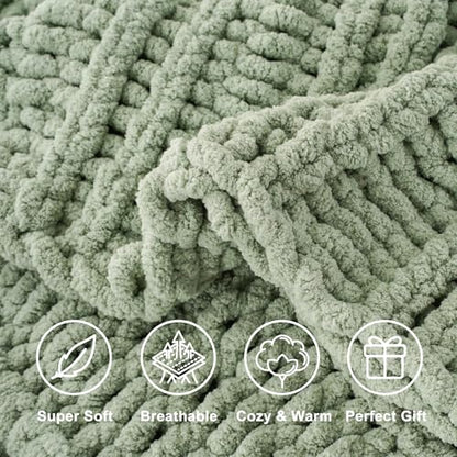 Battilo Chunky Knit Throw Blanket for Couch, 50"x60", Sage Green | Sage Blanket Hand Knit Cozy Warm Thick Soft Chenille Throw Blanket for Bed, Sofa, Chair, Living Room - color: Sage Green