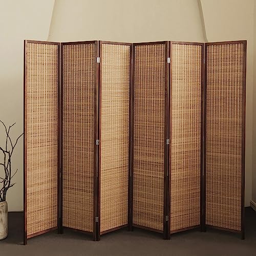 6 Panel Bamboo Room Divider - 5.6 ft Tall Folding Privacy Screen for Room Separation, Natural Brown Freestanding Partition Wall for Home Office (67" H x 92.1" W) - color: Brown, size: 6 Panel