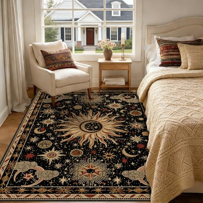 Vacuum-Friendly, 6x9 Washable Area Rug, Black Gold Beige Red | Sun and Moon Boho Gothic Non-Slip Low Pile Living Roon Bedroom Dining Room Kitchen Entry Entryway Entrance Hallway Doormat - color: Black/Gold/Beige/Red, size: 6' x 9' (Rectangular)