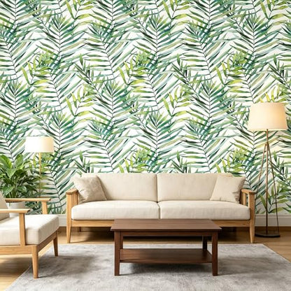 Tropical Watercolor Green Leaf Plants Peel and Stick | self adhesive Wallpaper - 96''x32'' - color: X10, size: 32" x 96"