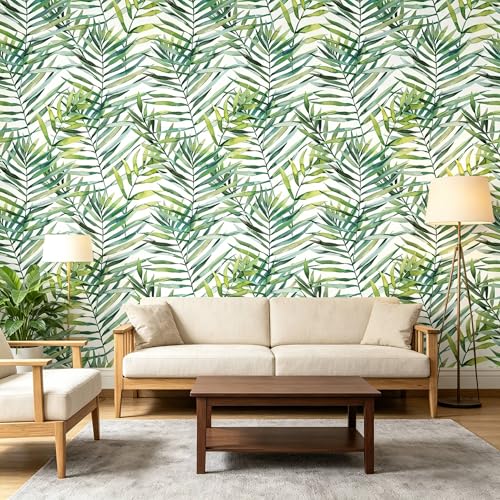 Tropical Watercolor Green Leaf Plants Peel and Stick self Adhesive Wallpaper - 128''x32'' - color: X10, size: 128"x32"