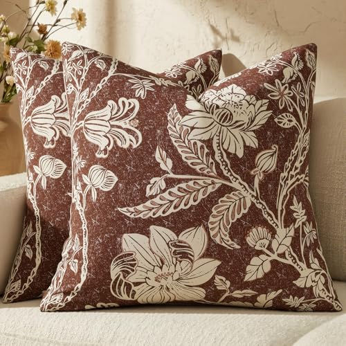 Chocolate Brown 16x16 Floral Decorative Sofa Couch Throw Pillow Covers | 100% Cotton,Set of 2 Panels,Lumbar Pillow,Rectangle,Print Patterned,Living Room Bedroom Office,Boho Modern Retro Farmhouse - color: Bf-chocolate Brown, size: 16" x 16" (Pack of 2)