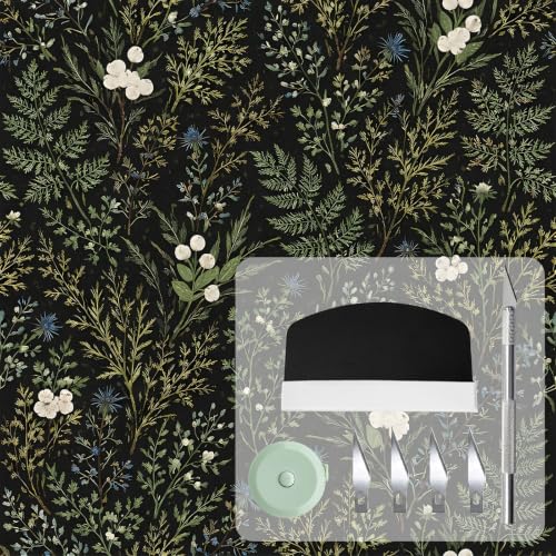 Peel and Stick Wallpaper17.3 X393.7 in, Dark Floral Leaf, Vintage Self-Adhesive Removable Wall Mural, Waterproof Accent Easy to Install for Living Room Bedroom Kitchen Walls - color: Night Fern, size: 17.3"X393.7"
