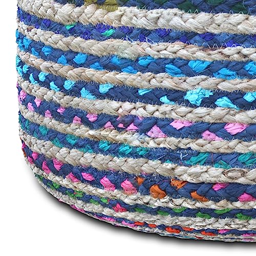 SIMPLIHOME Margo 30" Wide Round Pouf in Natural Jute and Cotton | Boho footstool, braided pouf, extra seating for living room or bedroom with polystyrene bead filling, assembled; accent seat. - color: Multi-blue, style: Pouf