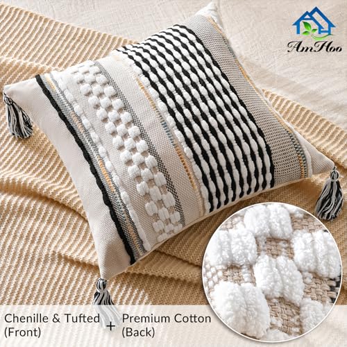 Chenille Striped Textured Boho Throw Pillow Covers Aesthetic with Tassels Woven Decorative Pillow Case for Couch Bed Sofa Bedroom Modern Funky 18 x 18-Inch Black - color: Black, size: 18" x 18" (Pack of 1)