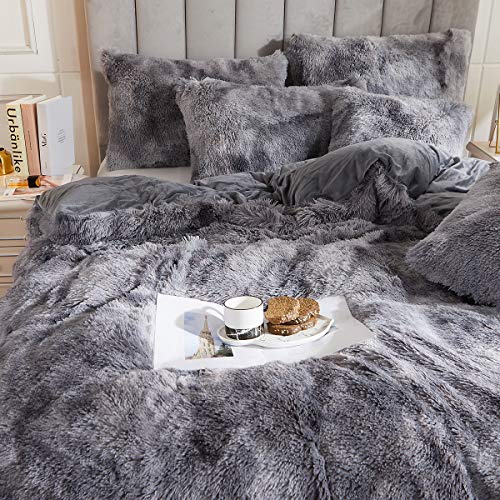 Tie Dye Printed Faux Fur Bedding Set Modern Abstract Shaggy Plush Duvet Cover with Pillow Sham, Ultra Soft Warm (Twin, Tie Dye Gray) - color: Tie Dye Gray, size: Twin