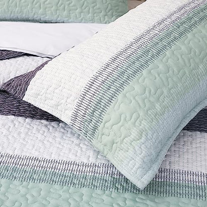 DURLENGEN Quilt Set Queen Size 3Pcs,Soft Microfiber Lightweight Bedspread,White & Green Striped Geometric Pattern Coverlet for All Season Layering(Queen 90x96,Mint Green) - color: Mint Green, size: Queen(90" x 96")