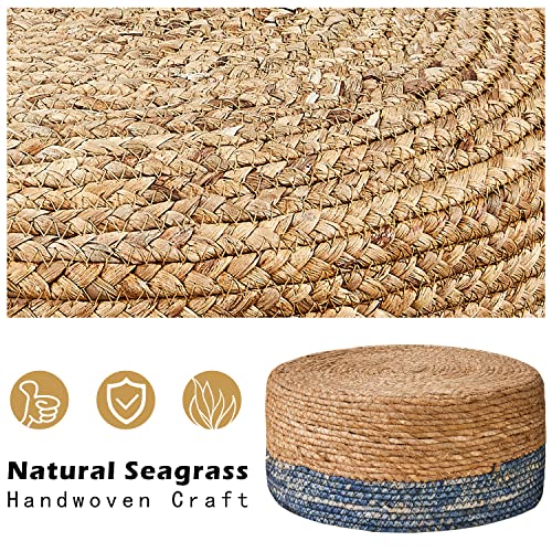 Cpintltr Foot Stool Natural Seagrass Hand Weave Poufs Round Ottoman for Couch Desk Soft Step Stool Padded Foot Rest with Non-Skid Pine Legs for Hallway Office Lounge Natural/Blue - color: Blue