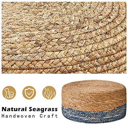 Cpintltr Foot Stool Natural Seagrass Hand Weave Poufs Round Ottoman for Couch Desk Soft Step Stool Padded Foot Rest with Non-Skid Pine Legs for Hallway Office Lounge Natural/Blue - color: Blue