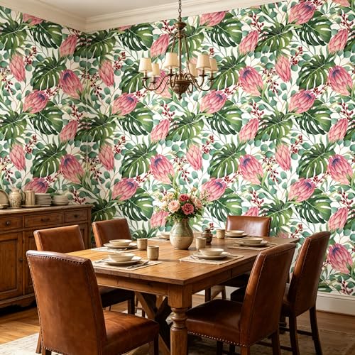 Tropical Floral Monstera Green Leaf Flowers Peel and Stick | self adhesive Wallpaper - 96''x32'' - color: X09, size: 32" x 96"