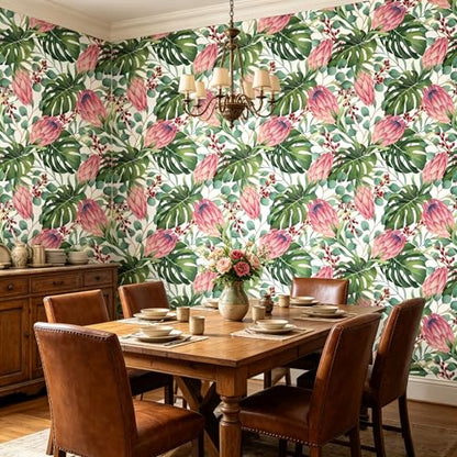 Tropical Floral Monstera Green Leaf Flowers Peel and Stick | self adhesive Wallpaper - 96''x32'' - color: X09, size: 32" x 96"