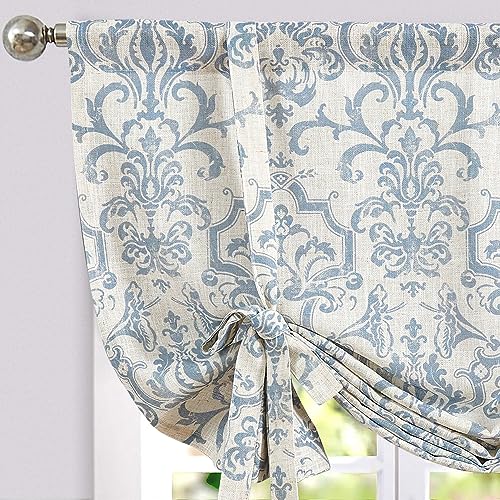 jinchan Floral Linen Kitchen Window Valance, Tie up, 42x54, 1 Panel, Blue | Light filtering, linen blend, rod pocket, farmhouse style, rustic decor, kitchen, bathroom, laundry room, RV, small windows - color: Baroque | Blue on Flax, size: 42"W x 54"L (Pac