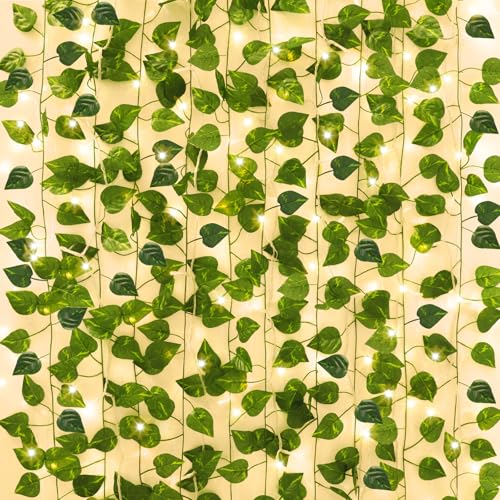 CEWOR 14 Pack 98ft Fake Ivy Vines, Artificial Ivy Garland with 100 LED String Lights, Hanging Plants Greenery Backdrop Green Leaves for Bedroom Room Wall Decor Wedding Party Table Decoration - size: 98ft+100led