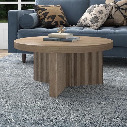 Henn&Hart 32" Scandinavian Fluted Coffee Table, Weathered Gray | Ribbed pedestal base and low profile bring Scandinavian style to small spaces including living rooms or family rooms - color: Weathered Gray, size: 32 inches