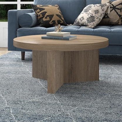Henn&Hart 32" Scandinavian Fluted Coffee Table, Weathered Gray | Ribbed pedestal base and low profile bring Scandinavian style to small spaces including living rooms or family rooms - color: Weathered Gray, size: 32 inches