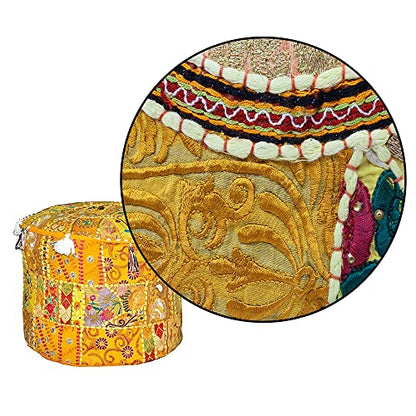 Indian Pouf Footstool, Ethnic Embroidered Pouf Cover - Cotton Round Ottoman - Yellow, 18x13 - color: Yellow, size: 13"D x 13"W x 18"H