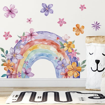 Large Rainbow Wall Decals Peel and Stick Watercolor Wall Art | Easy Removable Vinyl Wall Stickers for Girls Boys Kids Living Room Nursery Playroom Bedroom - color: Rainbow Flower