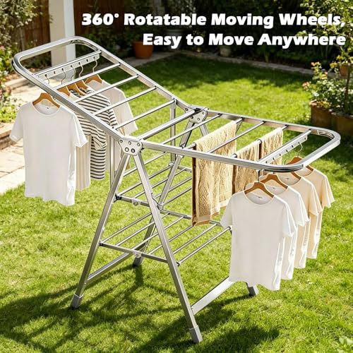 Stainless Steel Foldable Clothes Drying Rack with Adjustable Wings, Windproof Holes & Wheels | Heavy Duty 132 lb Load Capacity | Space-Saving Laundry Rack for Indoor & Outdoor Use