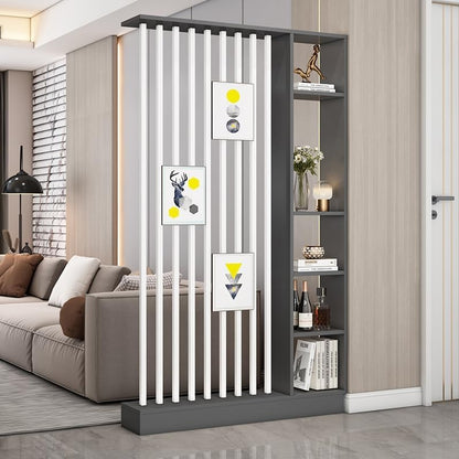 Wall Room Divider with Storage Shelves, Modern Freestanding Room Divider Screen, Open Room Wood Partition for Home & Office Decor (Gray + White, 47" L x 9.5" W x 79.5" H)