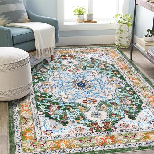 U'Artlines Boho Vintage Area Rug 5x7 Machine Washable Carpet, Green | Low Pile, Non Slip, Ultra-Thin Soft Floor Carpet, Accent Rug for Living Room Bedroom Dining Room Office - color: Green, size: 5' x 7' (Rectangular)