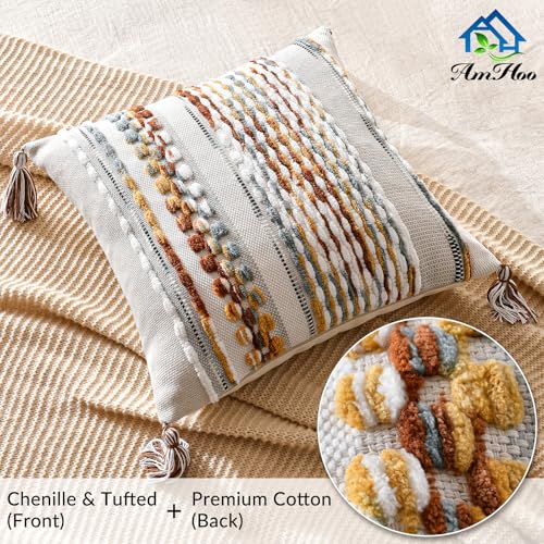 Set of 2 Chenille Striped Textured Boho Throw Pillow Covers Aesthetic with Tassels Woven Decorative Pillow Case for Couch Bed Sofa Bedroom Modern Funky 18 x 18-Inch Brown - color: Brown, size: 18" x 18" (Pack of 2)