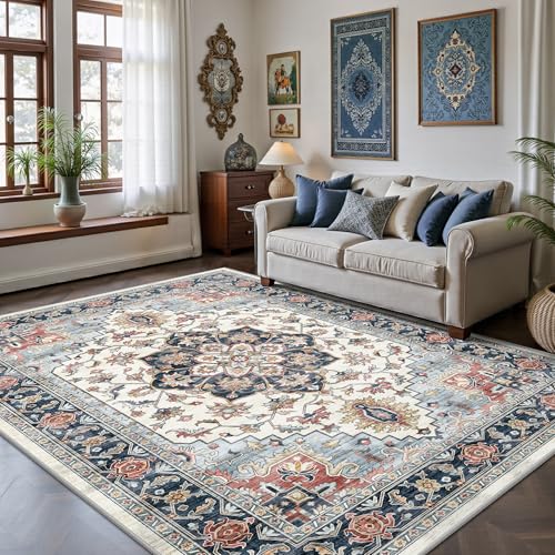 5x7 Area Rugs - Washable Rug Vintage Distress Boho Medallion Rugs for Living Room, Soft Non-Slip Backing Low Pile Carpet for Bedroom Dining Room Office Nursery Dorm Home, Blue Beige Orange - color: E-navy Blue/Beige/Orange, size: 5' x 7' (Rectangular)