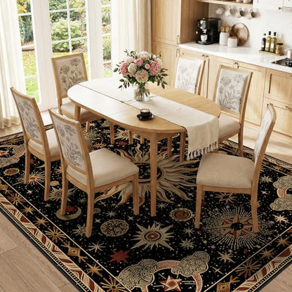 Vacuum-Friendly, 8x10 Washable Area Rug, Black Gold Beige Red | Sun and Moon Boho Gothic Non-Slip Low Pile Living Roon Bedroom Dining Room Kitchen Entry Entryway Entrance Hallway Doormat - color: Black/Gold/Beige/Red, size: 8' x 10' (Rectangular)